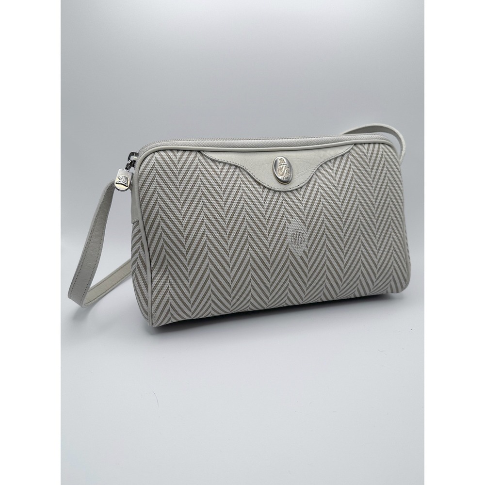 Vintage Mark Cross Cambas Shoulder Bag Chevron Embossed Leather Grey White 80's